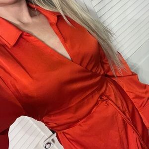 H&M Red Long Sleeve Wrap Dress Midi